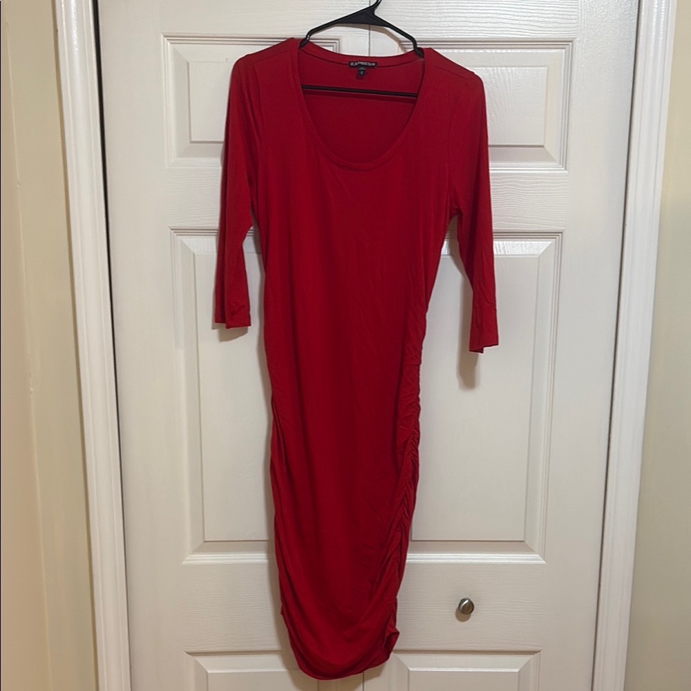 Express Ruched Red Women's 3/4 Sleeved Maxi Dress